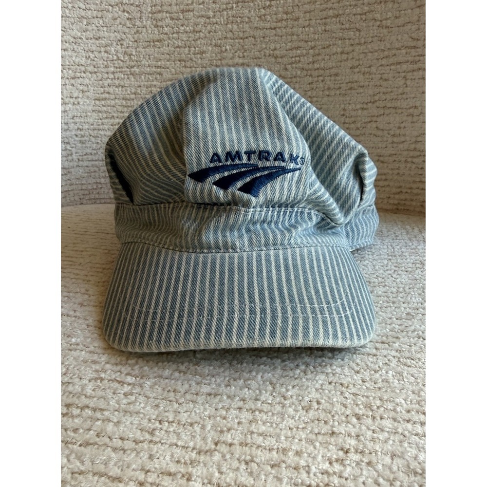 Amtrak Vintage Train Conductor Hat Blue White Stripes Embroidered